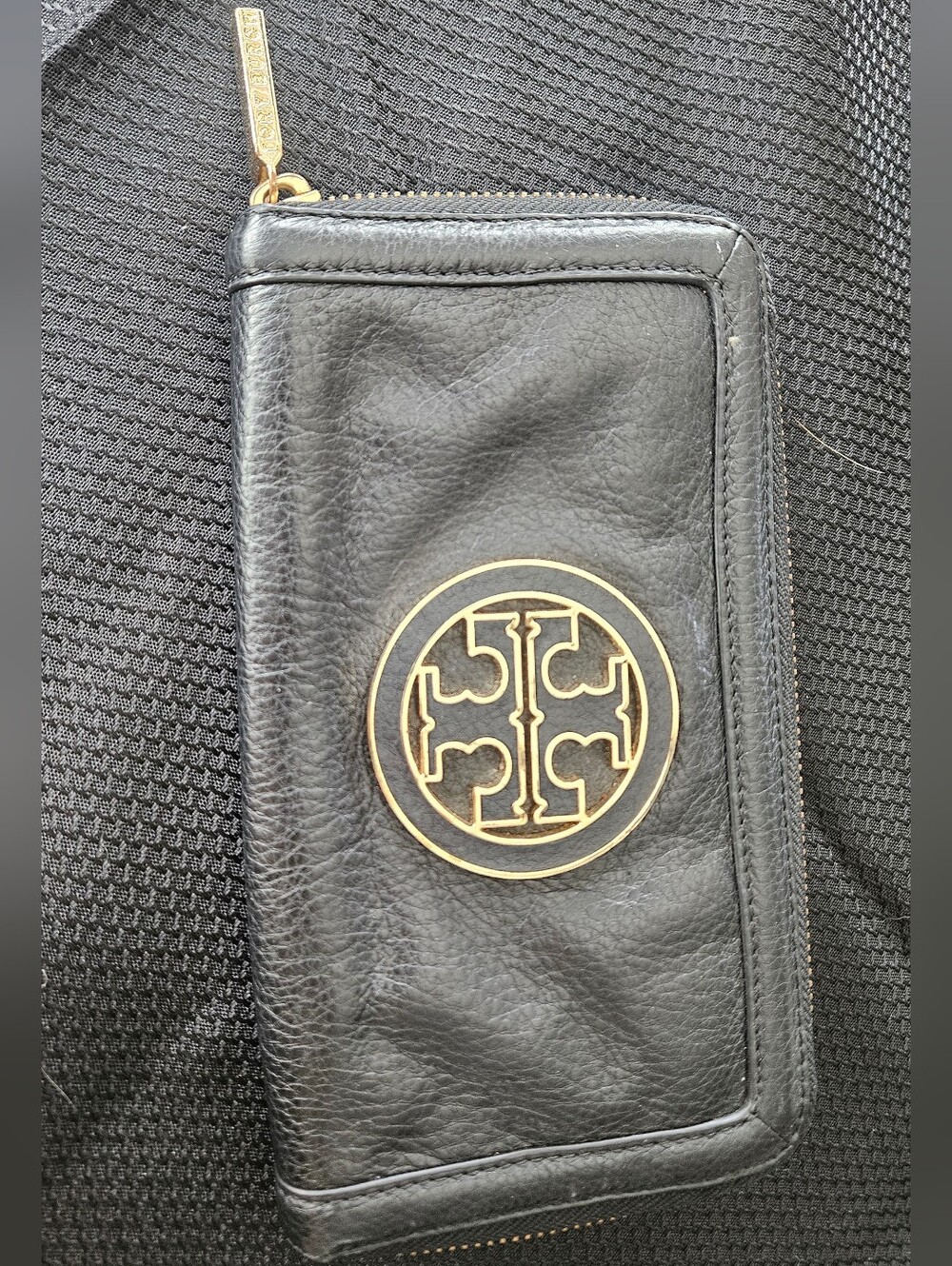 Tory Burch Black Leather Zip Wallet with Gold Logo Emblem